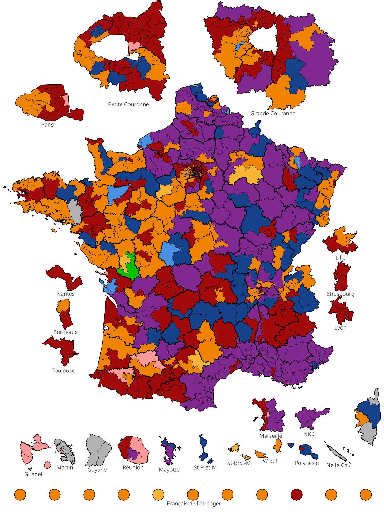Key: Red-Left Block; Purple: fascist National Rally; Yellow-Macron Allies; Gray- Others
