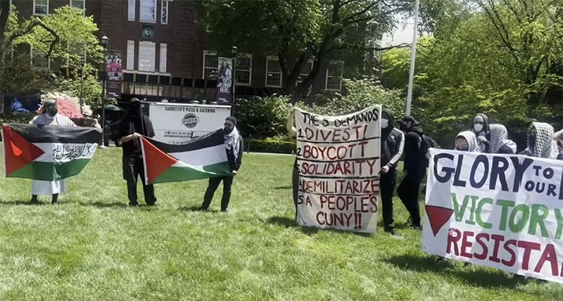Photo taken in May of CUNY students have TAKEN OVER THE EAST QUAD LAWN at Brooklyn College, demanding the school meet the CUNY 5 Demands: Disclose + Divest, Boycott, Solidarity, Demilitarize, and A People’s CUNY. Credit cuny4palistine.